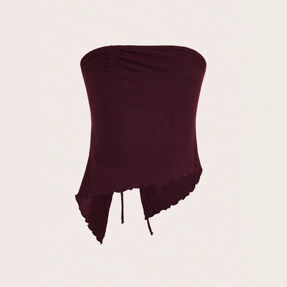 european and american women's clothing  summer new drawstring slit irregular waffle knit bodycon bandeau top