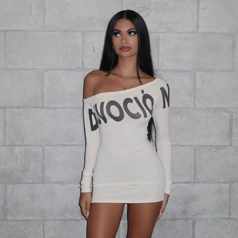 fashionnew arrival american pure desire stylish hot girl style niche styleletter slanted shoulder off-shoulder long-sleeved dress women's clothing