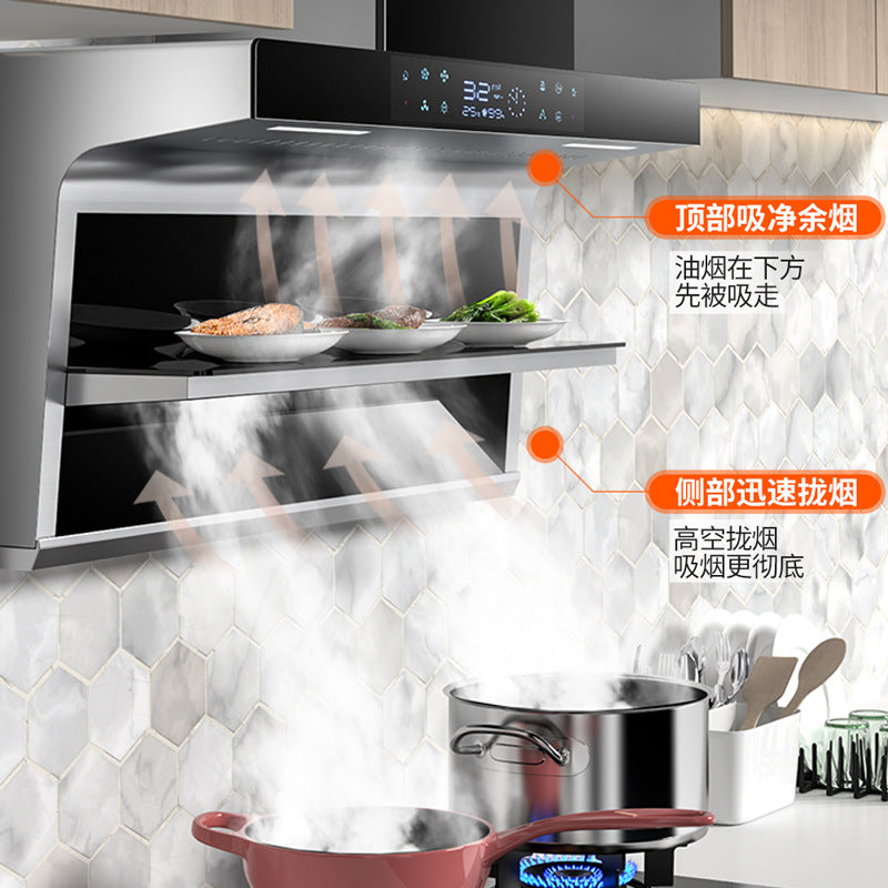 Wholesale high suction 7-shaped top and side double suction range hood for home kitchen new arrival warm dish insulation range hood