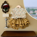Girls' korean style  summer floral stand collar flutter sleeve babydoll top and khaki tiered skirt pants two-piece summer outfit