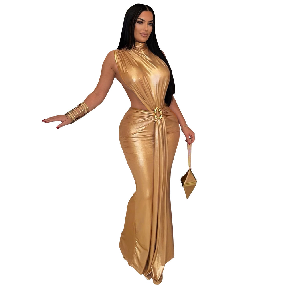 C7476 cross-border   fashion women's sexy elegant high neck sleeveless slit dress