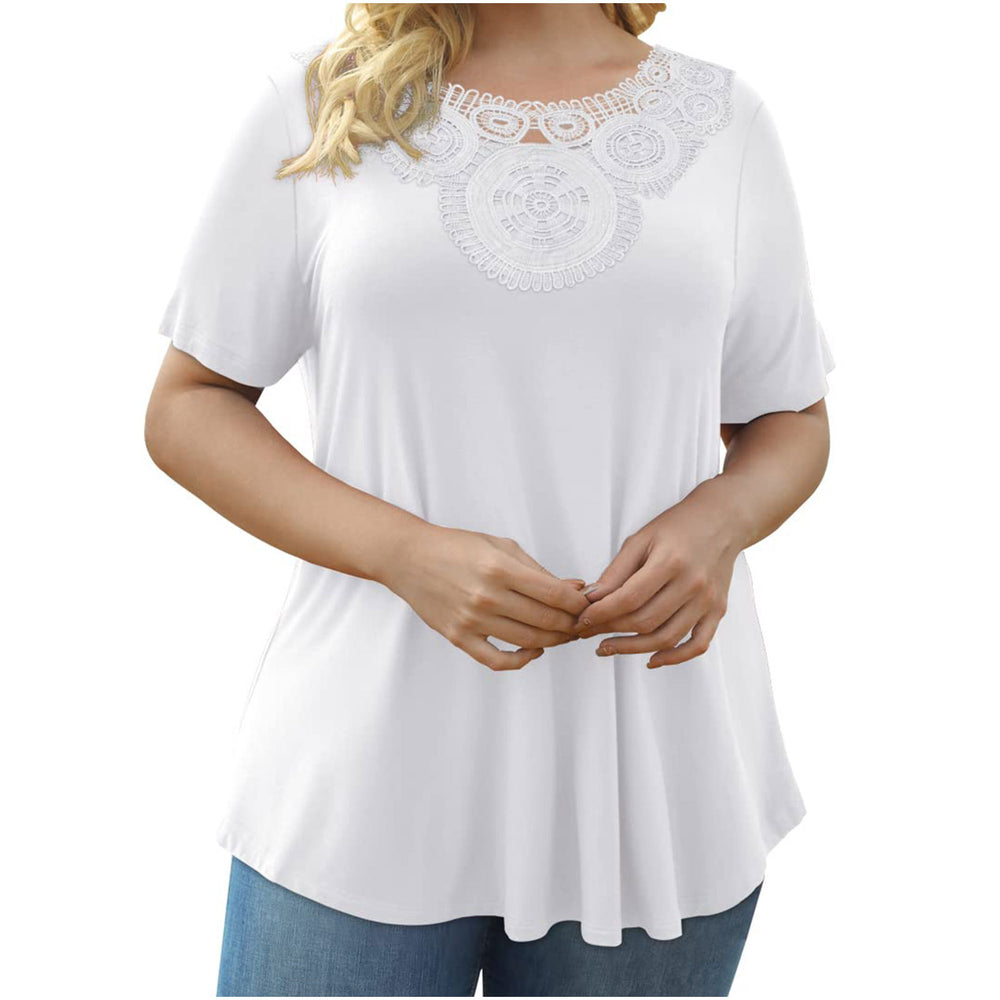 summer european and american cross-border new women's plus size short sleeve pullover lace pleated t-shirt with waist tie