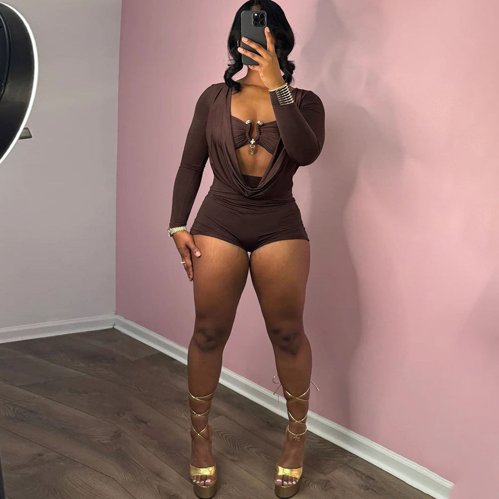 European and american style  spring/summer new arrivals: edgy streetwear sexy hot girl deep v low-cut solid color slim-fit jumpsuit