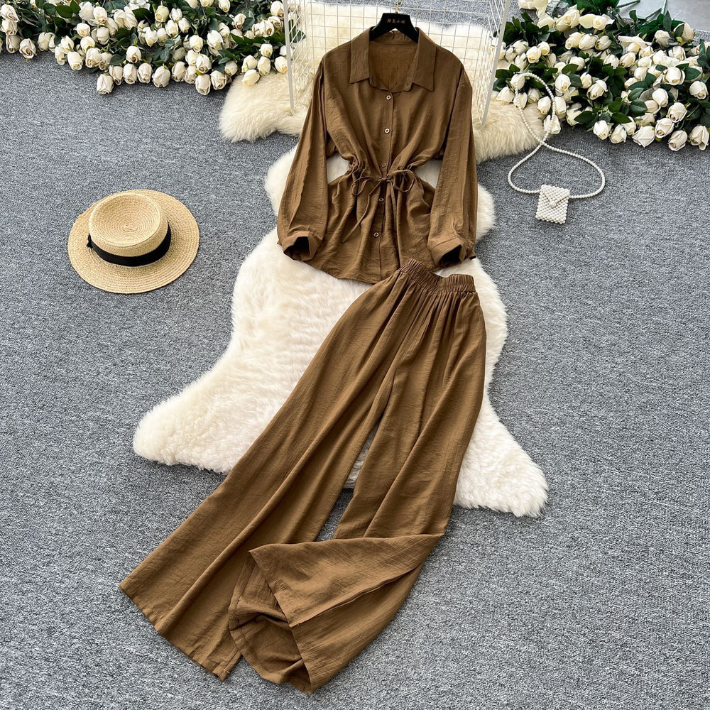 Light mature style wear women's summer wear sense of design drawstring straps waist long sleevesshirt high waist wide leg straight-leg pants suit