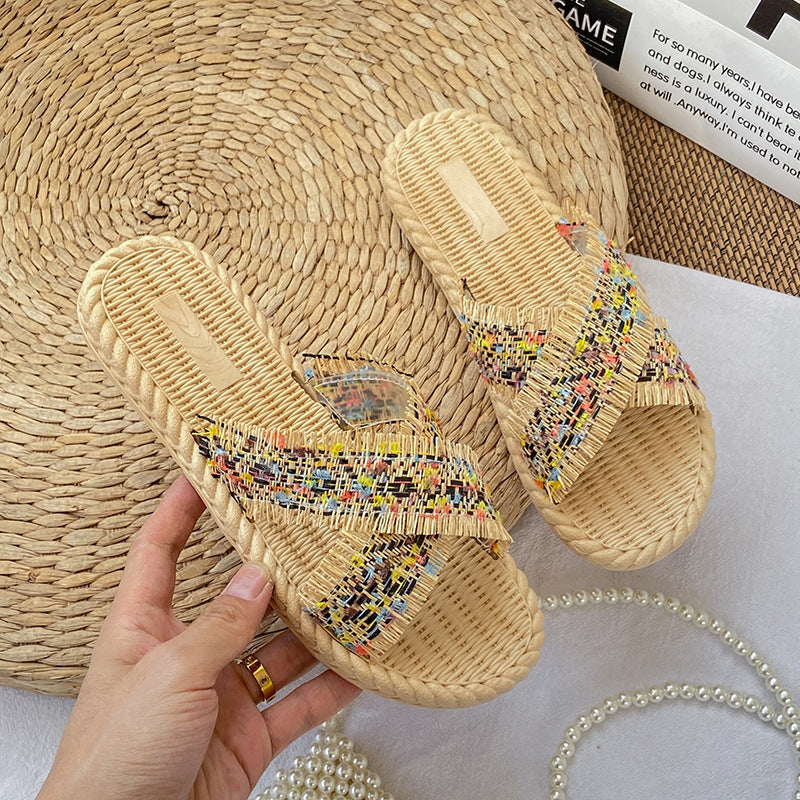 2024 summer new women's fashion slippers retro colorful braided criss-cross strap sandals women's outdoor versatile beach shoes
