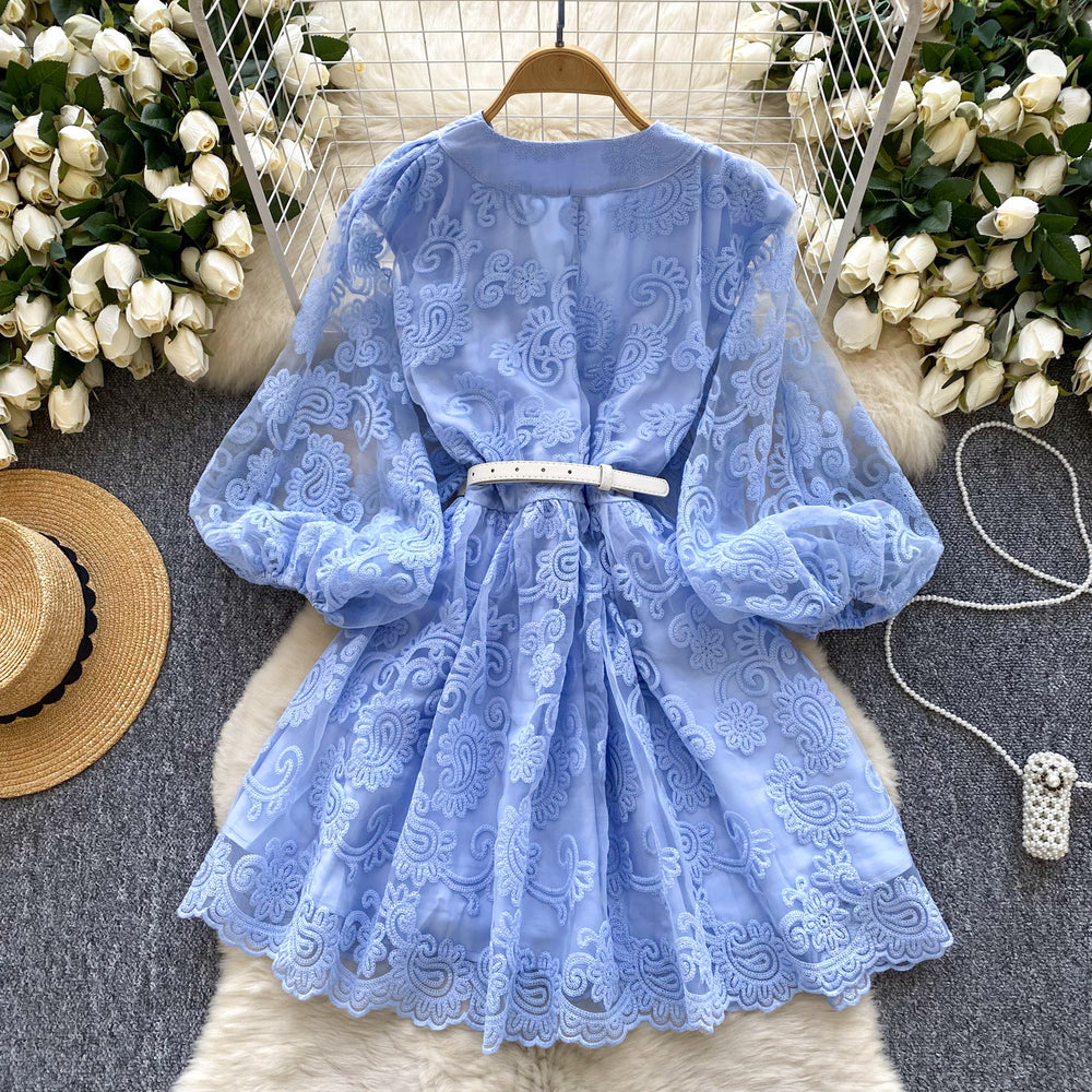 French sweet court style v-neck lantern sleeve heavily embroidered cinched waist slimming single-breasted a-line elegant dress for women