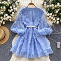 French sweet court style v-neck lantern sleeve heavily embroidered cinched waist slimming single-breasted a-line elegant dress for women