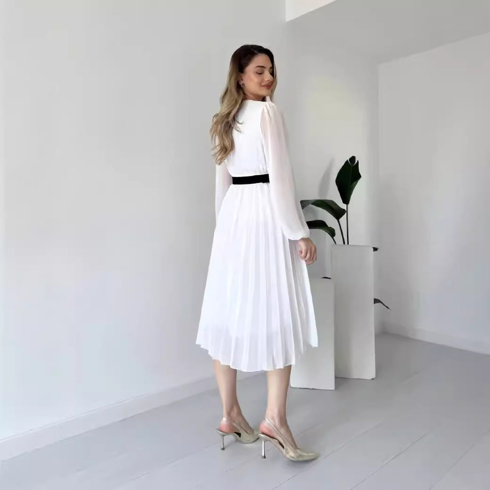 European and american cross-border women's fashion:  autumn new french style solid color v-neck long sleeve cinched waist pleated elegant dress