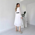 European and american cross-border women's fashion:  autumn new french style solid color v-neck long sleeve cinched waist pleated elegant dress