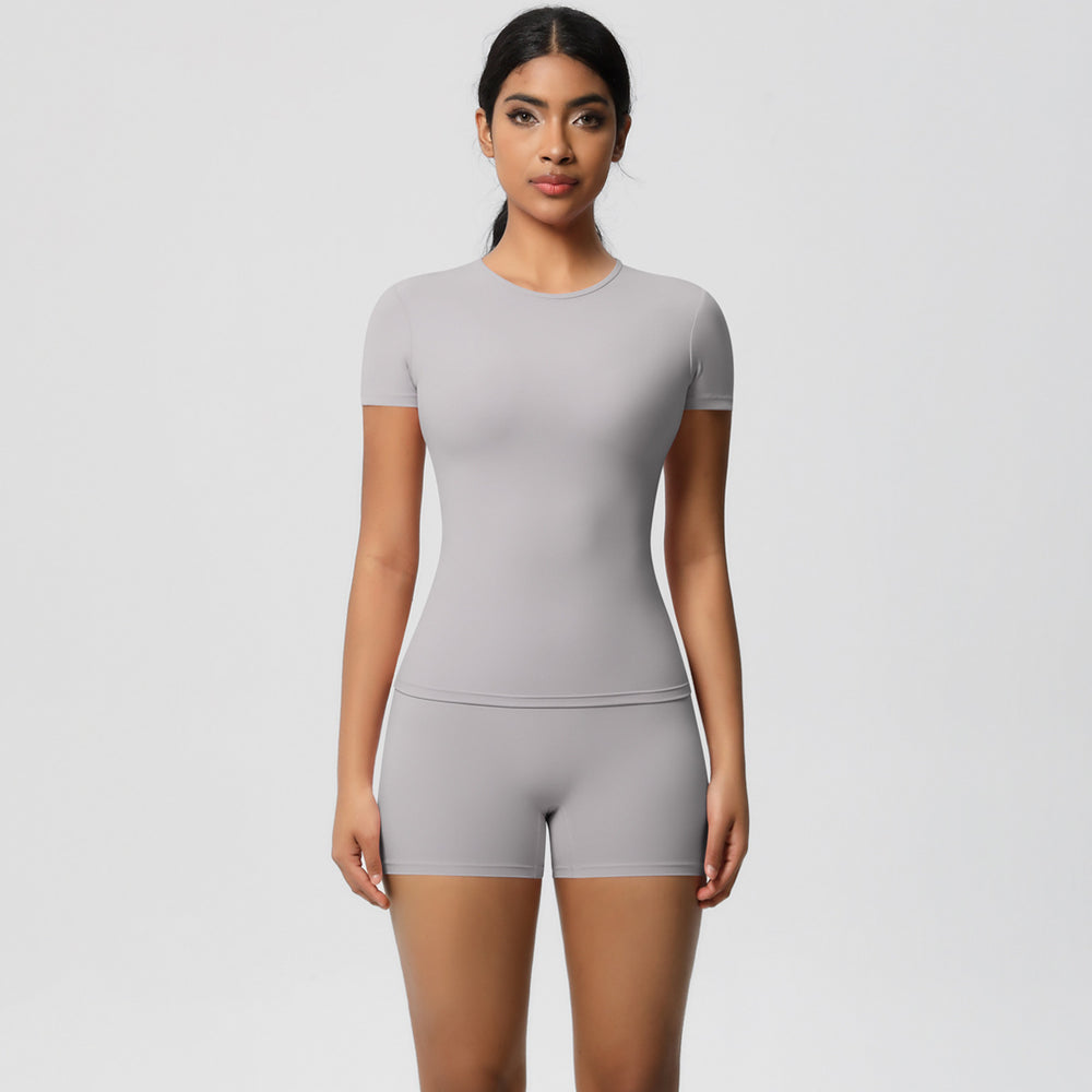 European and american nude feel tight-fitting short-sleeve t-shirt yoga outfit high-waisted butt-lifting quick-dry shorts running sports fitness set for women