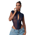 summer european and american cross-border new women's sexy round neck metal buckle triangle shorts mesh bodysuit