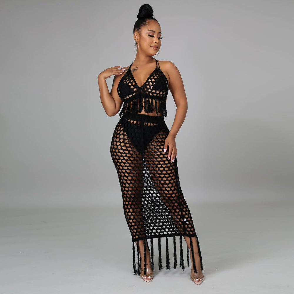e-commerce source factory: european and american sexy women's knitted set, cutout swimsuit beach cover-up two-piece set