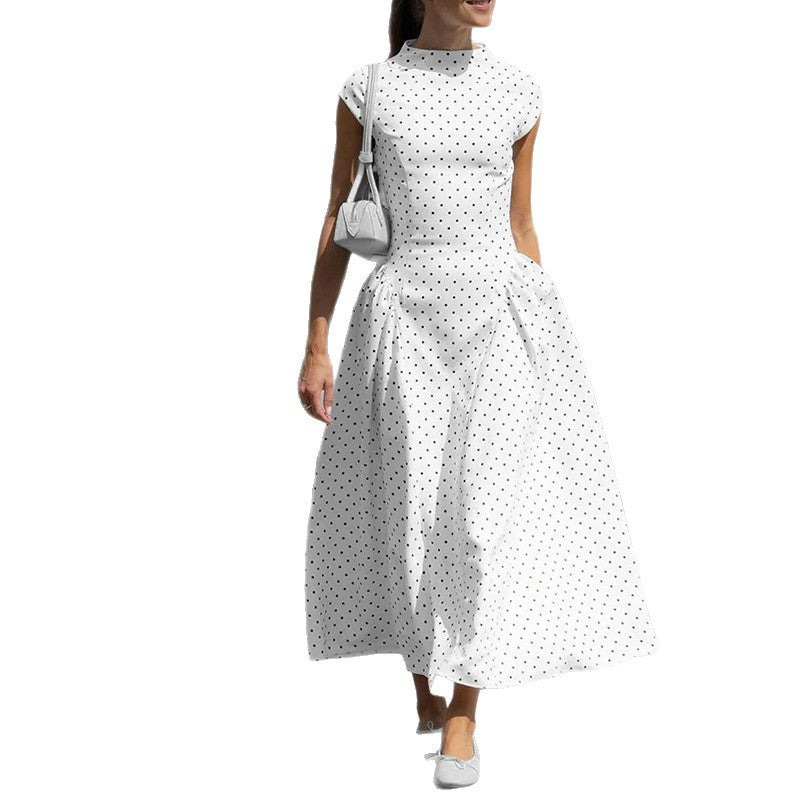 cross-border e-commerce european and american women's clothing: new summer collection - french polka dot round neck, slim-fit, a-line maxi dress