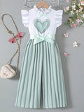 european and american style cross-border girls' flutter sleeve ruffle collar top with pleated wide-leg pants and belt (jumpsuit)
