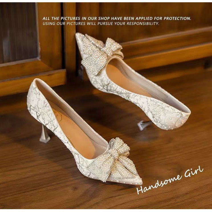 High-heeled shoes bows2026new arrival xiuhe wedding dress two-wear wedding shoes beautiful pearl stiletto flats women's shoes that don't tire your feet