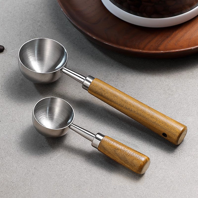 New 430 stainless steel round-head measuring spoon - home kitchen baking tool with beech wood handle for coffee, bean, and milk powder