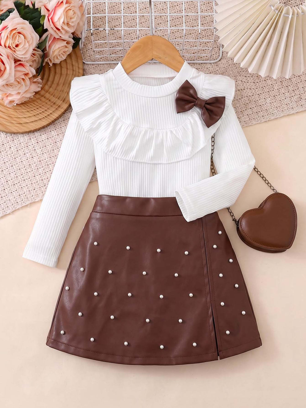 autumn new arrival: textured round neck top with ruffle collar + beaded pu leather skirt two-piece set