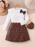 autumn new arrival: textured round neck top with ruffle collar + beaded pu leather skirt two-piece set
