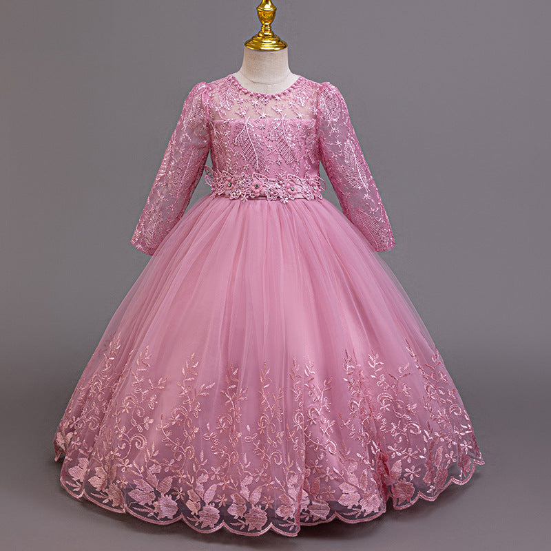 Export ready-to-ship long-sleeved children's formal dress, lace princess dress for girls, flower girl piano recital dress, girl dress