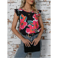 cross-border black base colorful floral print flutter sleeve top - women's