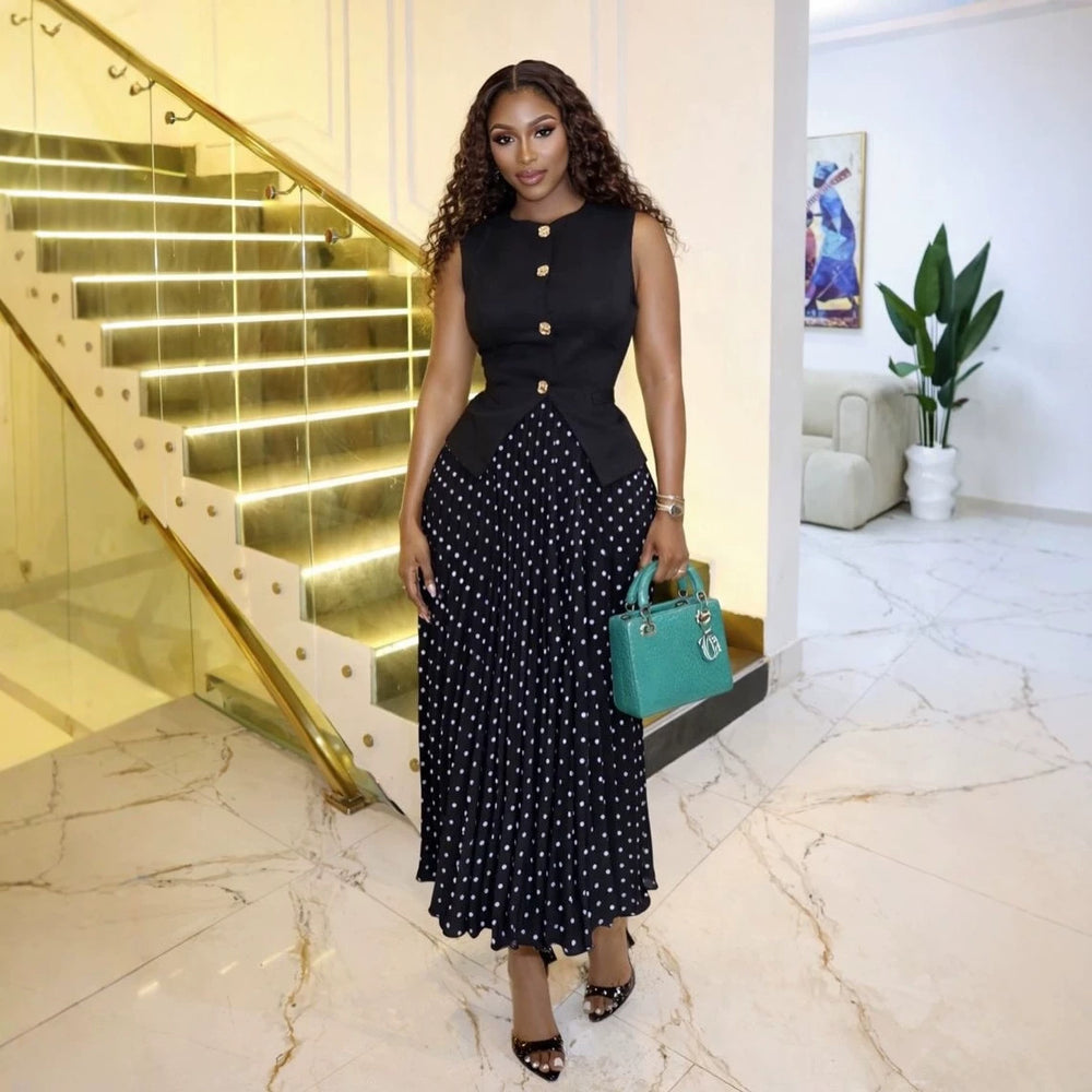 European and american cross-border african women's clothing  summer new collection: elegant sleeveless vest top and pleated skirt set