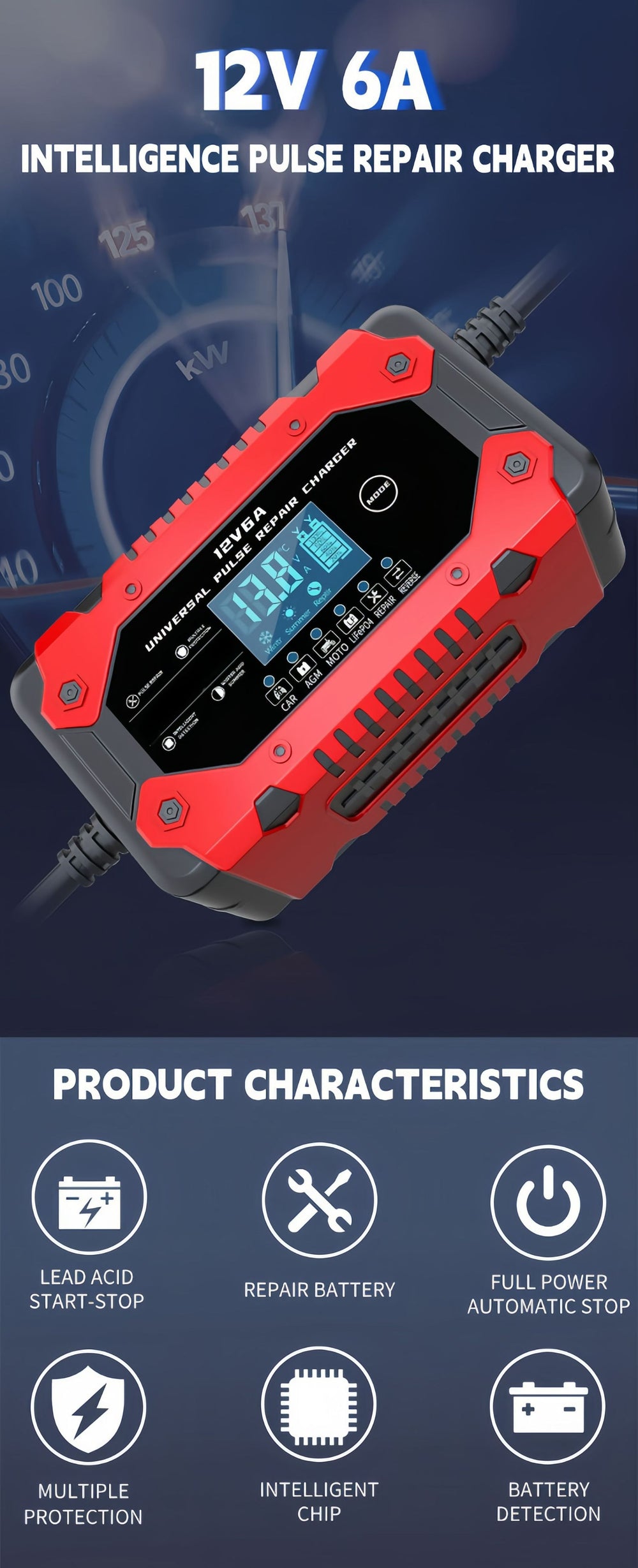 Car battery charger 12v 6a charger, 12v motorcycle battery charger