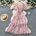 French floral v-neck dress - women's summer  collection: round neck, short sleeve, slim fit, ruffle hem, elegant maxi dress