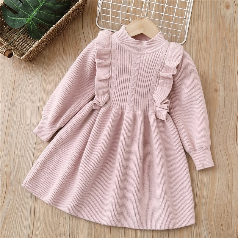 22winternew arrivalgirlsweater skirtsweet styledress female baby can add fleece-linedknittingdress