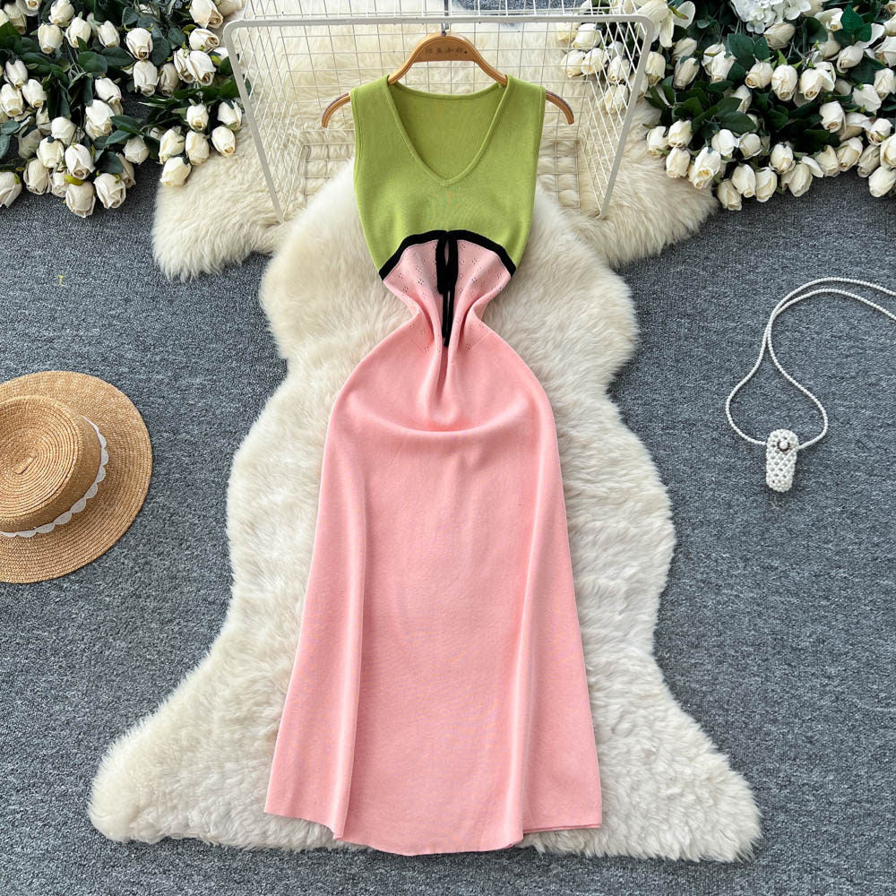 Frenchcontrast colorv neck sleeveless sweetdress women's spring and summerhigh waist silmslimming look a-line skirt work clothingelegant long skirt