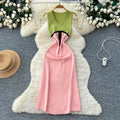 Frenchcontrast colorv neck sleeveless sweetdress women's spring and summerhigh waist silmslimming look a-line skirt work clothingelegant long skirt