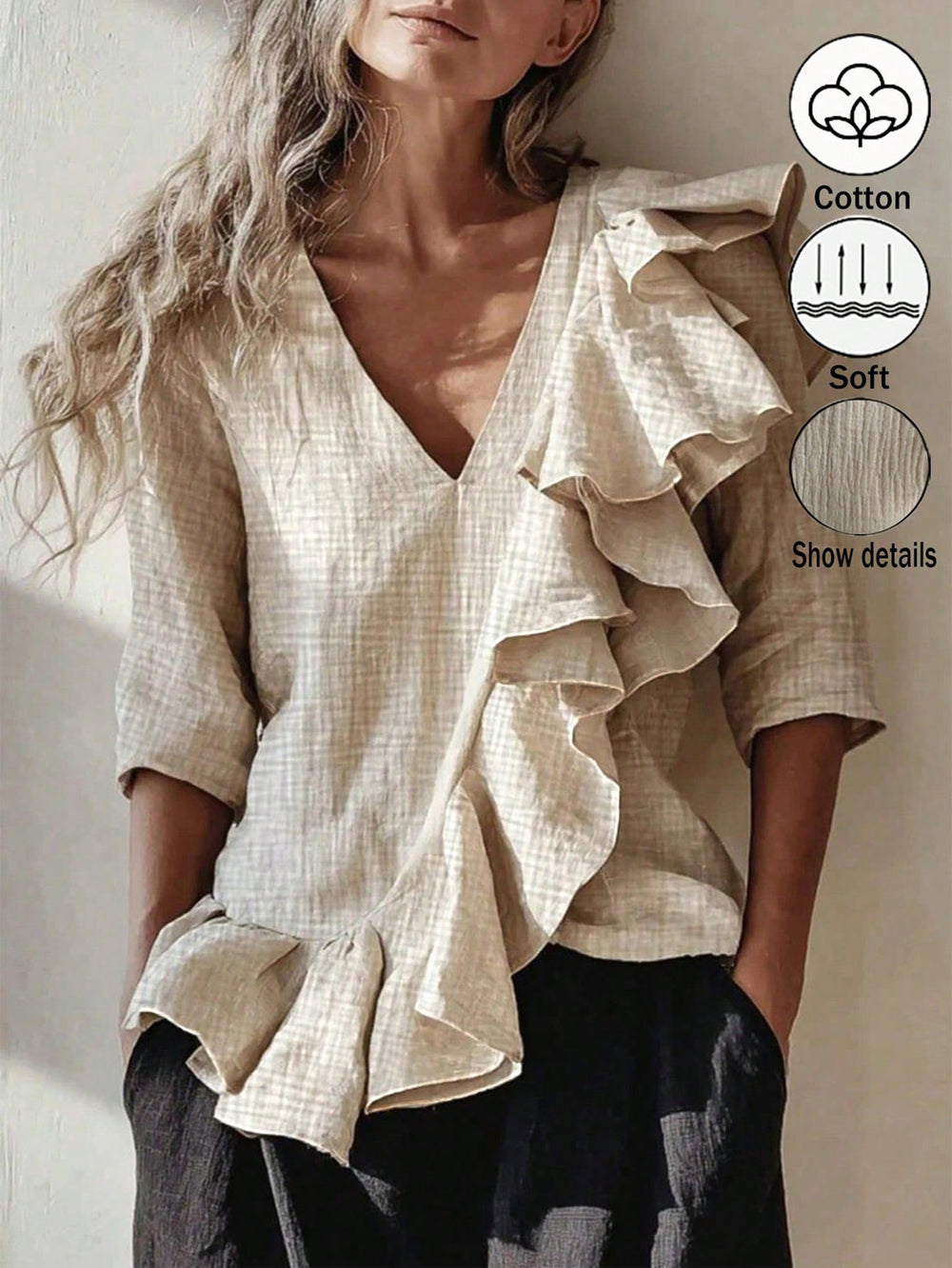 exclusive supply to europe and the us:  summer french ruffle plaid shirt, v-neck, loose fit, mid-sleeve cotton linen top