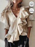 exclusive supply to europe and the us:  summer french ruffle plaid shirt, v-neck, loose fit, mid-sleeve cotton linen top