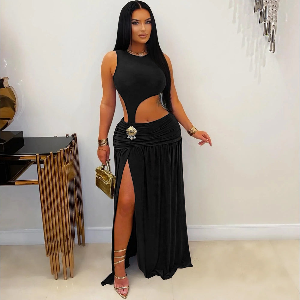 C7597 cross-border   fashion women's sexy solid color sleeveless cropped slit dress