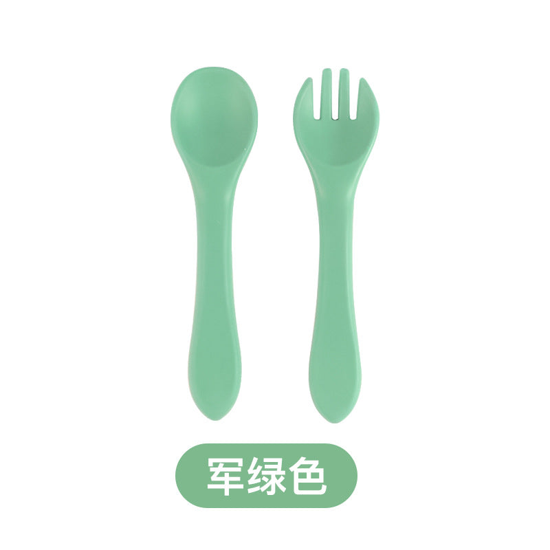 Children's fork and spoon Silicone soft spoon Baby independent eating training spoon Straight handle fork and spoon set Supplementary food feeding tableware