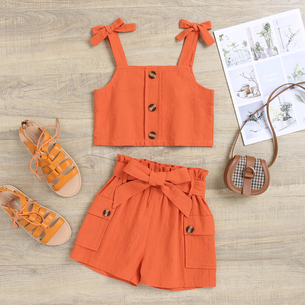 summer collection: linen-cotton bowknot cami top & cargo shorts set for girls & young children - european & american style, perfect for cross-border e-commerce