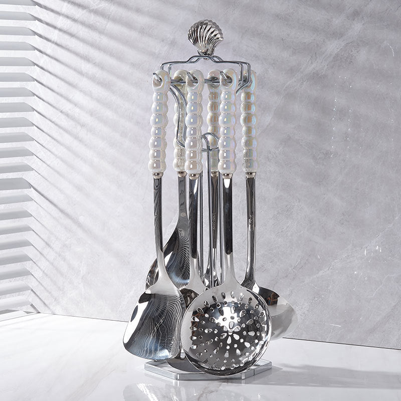 Luxury-style ceramic handle stainless steel cookware set - 7 piece set with elegant pearl design spatula and ladle - wholesale for home use