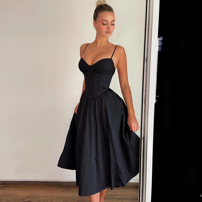 french women's clothing  summer new sexy v-neck camisole maxi dress - black backless sexy dress for women