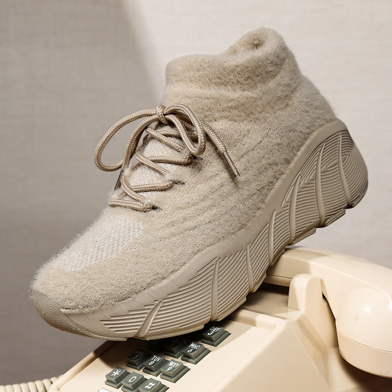 2025 autumn and winter new women's thick line versatile thick sole heightening comfortable stacking fleece casual shoes warm single shoes