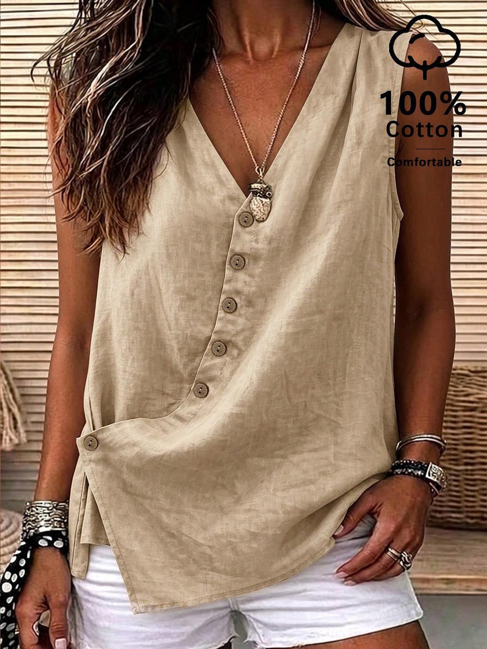 Casualv neck diagonal buckle loose linen vest casual side slit vacation comfy basics women's clothing 1688 supply