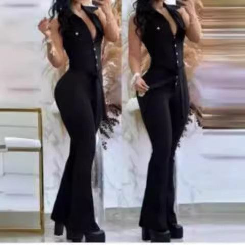 european and american export women's elegant v-neck button pocket high-waisted tie-waist solid color slim-fit jumpsuit