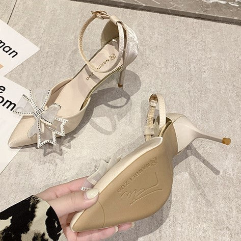 2025 summer new bow buckle high heels women's european and american celebrity stiletto pumps outer wear shallow mouth fashion women's shoes