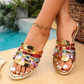 cross-border   new arrivalcontrast color thick heel slippers women's square toe patent leather plaid one-line sandals women's slippers