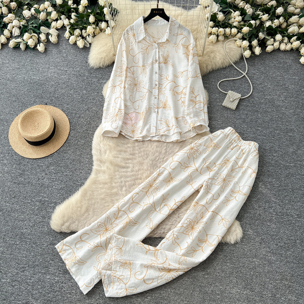 Light mature style leaf embroidercardiganloose pantstwo-piece set for women autumslimming lookeasiest for matchwork clothing stylesuit