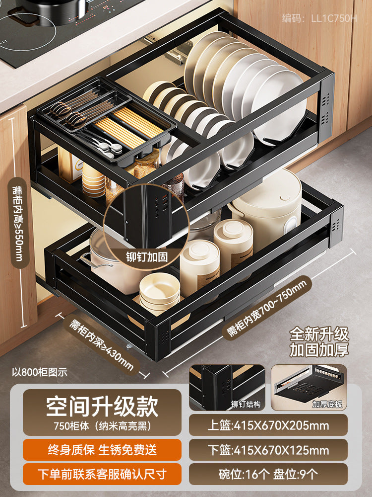 Pull Basket Kitchen Cabinet 304 Stainless Steel Double Layer Bowl Basket Drawer Type Seasoning Storage Dishes and Dishes Built-in Bowl Rack