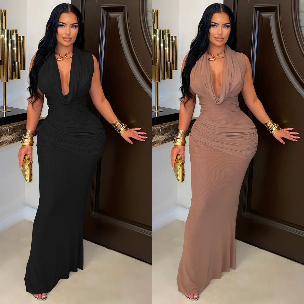 C7555 cross-border   fashion women's elegant sleeveless ruched v-neck low-cut dress