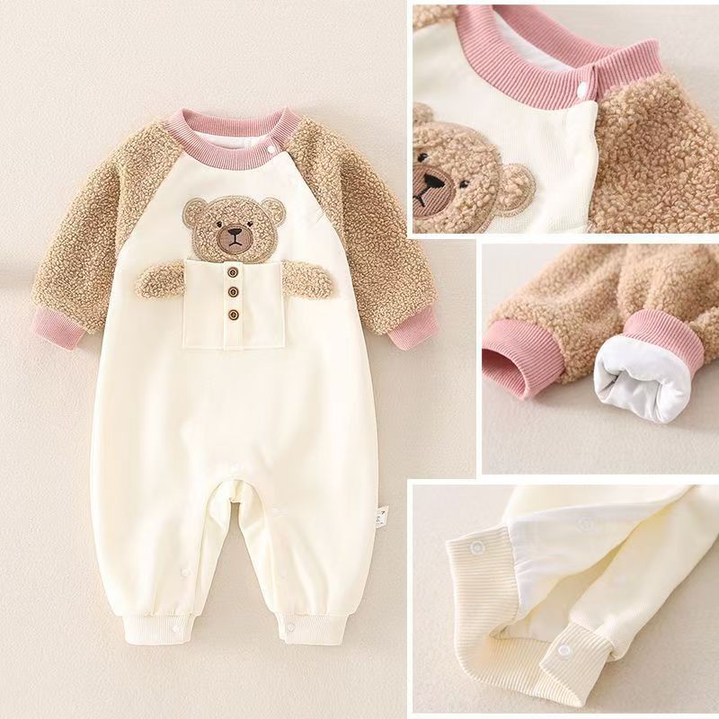 Baby pure cottonfleece-linedthickenedautumn winter onesie for going out and holding clothes for toddlers, cute super cute khakifashion crawling clothes