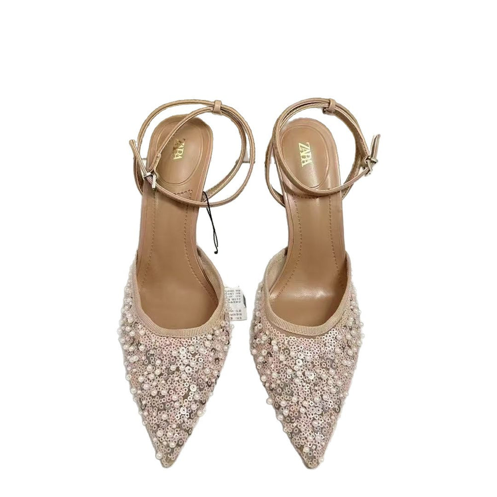 Za summer new women's shoes black shiny mesh sequin embroidery pearl full rhinestone high heel pointed toe slingback mules