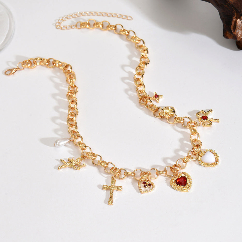 Cross pendant wholesale european and american cross-border fashion exaggerated love necklace women's sweet bow imitation pearl necklace