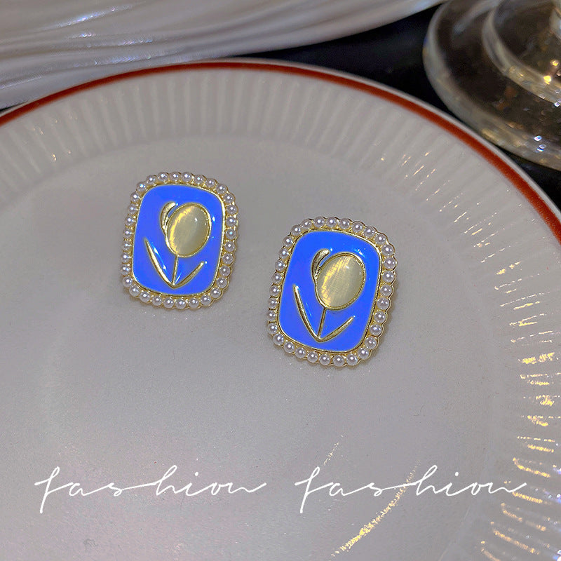 Blue tulip flower stud earrings with pearl accents - women's luxury, high-end, elegant earrings - new 2026 bestseller