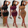 C7530 cross-border   fashion women's sexy eyelet button one-shoulder top and mini skirt two-piece set